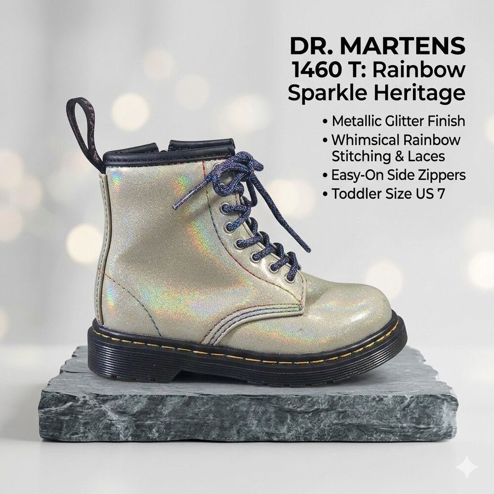 Dr Martens 1460 T Toddler Size 7 Metallic Glitter Rainbow Stitch Boots FB9019